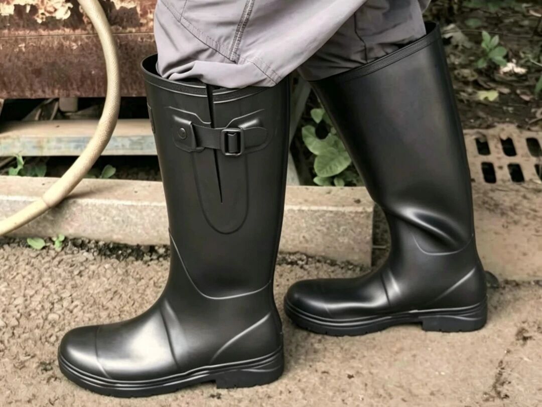 Men-high-tall-black-antistatic-rubber-safety-work-boots-with-adjustable-buckle